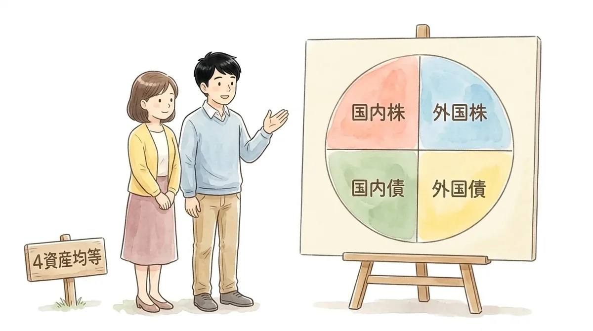 夫婦がイーゼルに立てた大きな円グラフを見ているイラスト。円は4等分され、それぞれに国内株・外国株・国内債・外国債と書かれている。手前の木の看板には「4資産均等」とある