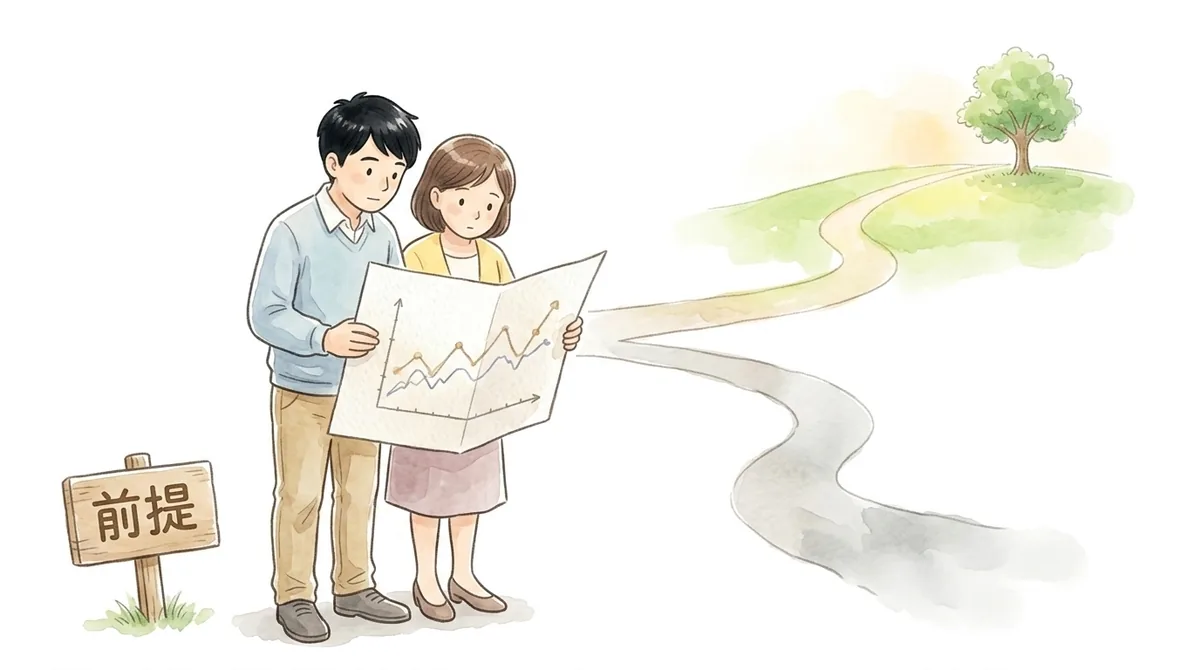 同じ1枚のグラフを夫婦で覗き込んでいるイラスト。紙の先から道が2本に分かれ、片方は緑の丘と木へ、もう片方は灰色の霧の中へ消えていく。手前の木の看板には「前提」と書かれている