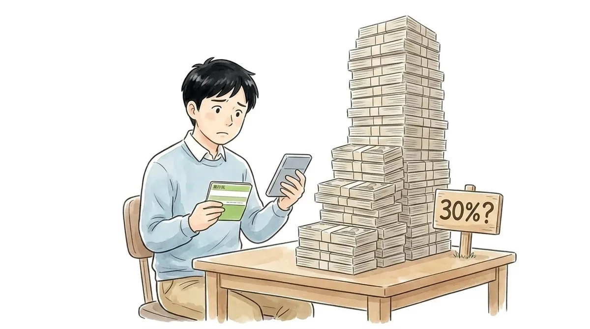 電卓と通帳を持った男性が、机の上に積み上がった札束の山を前に困った顔をしているイラスト。手前の木の看板には「30%?」とある
