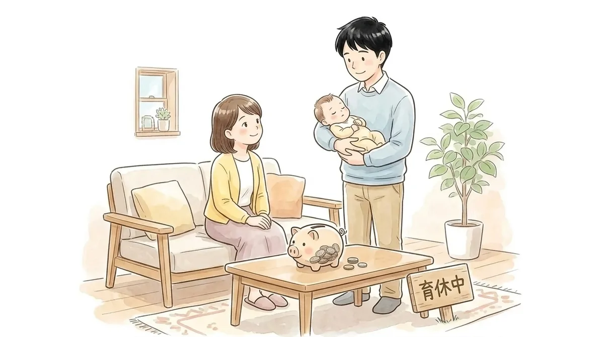 リビングで赤ちゃんを抱く父と、ソファに座る母のイラスト。手前のローテーブルには小銭の入った貯金箱が置かれ、木の看板には「育休中」とある
