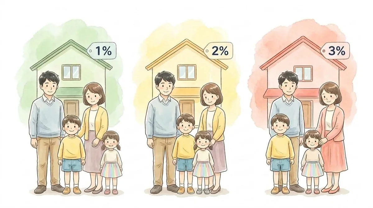 同じ4人家族・同じ家で、住宅ローン金利だけを1%・2%・3%に変えた比較の図