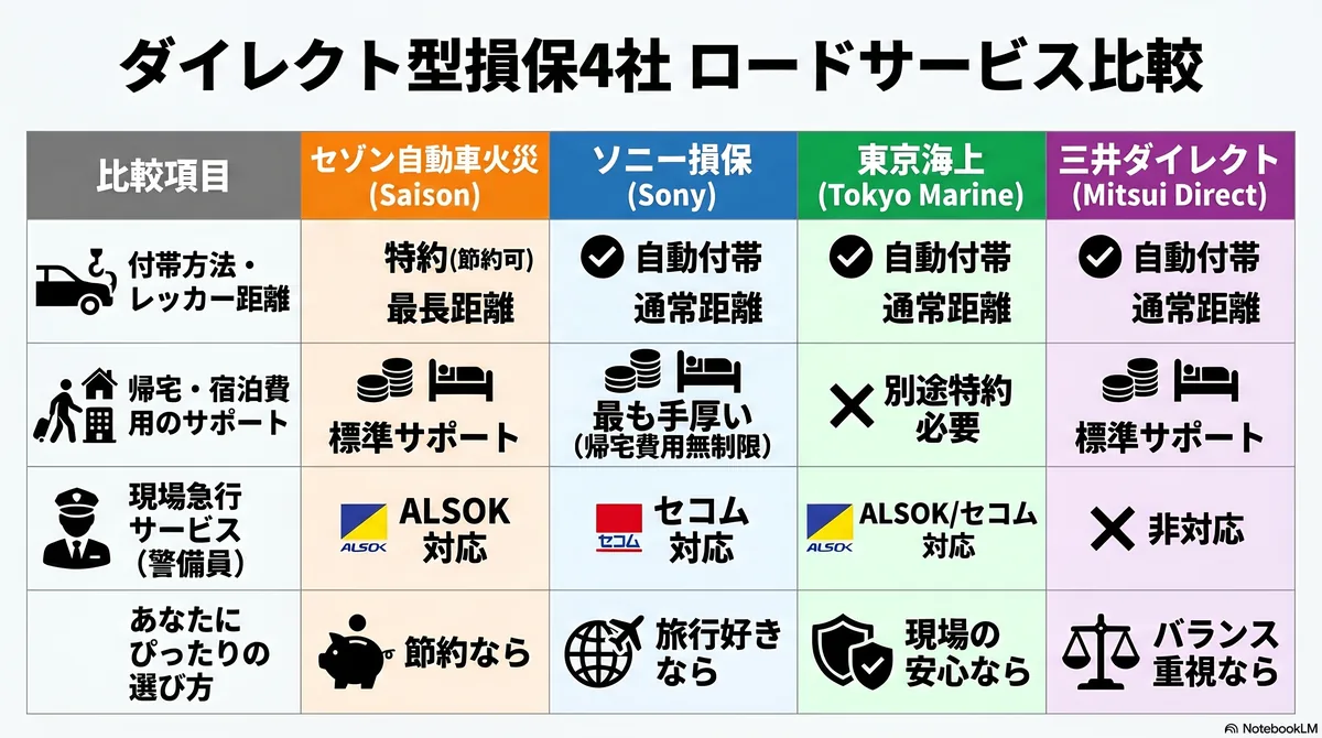 ダイレクト型損保4社 ロードサービス比較